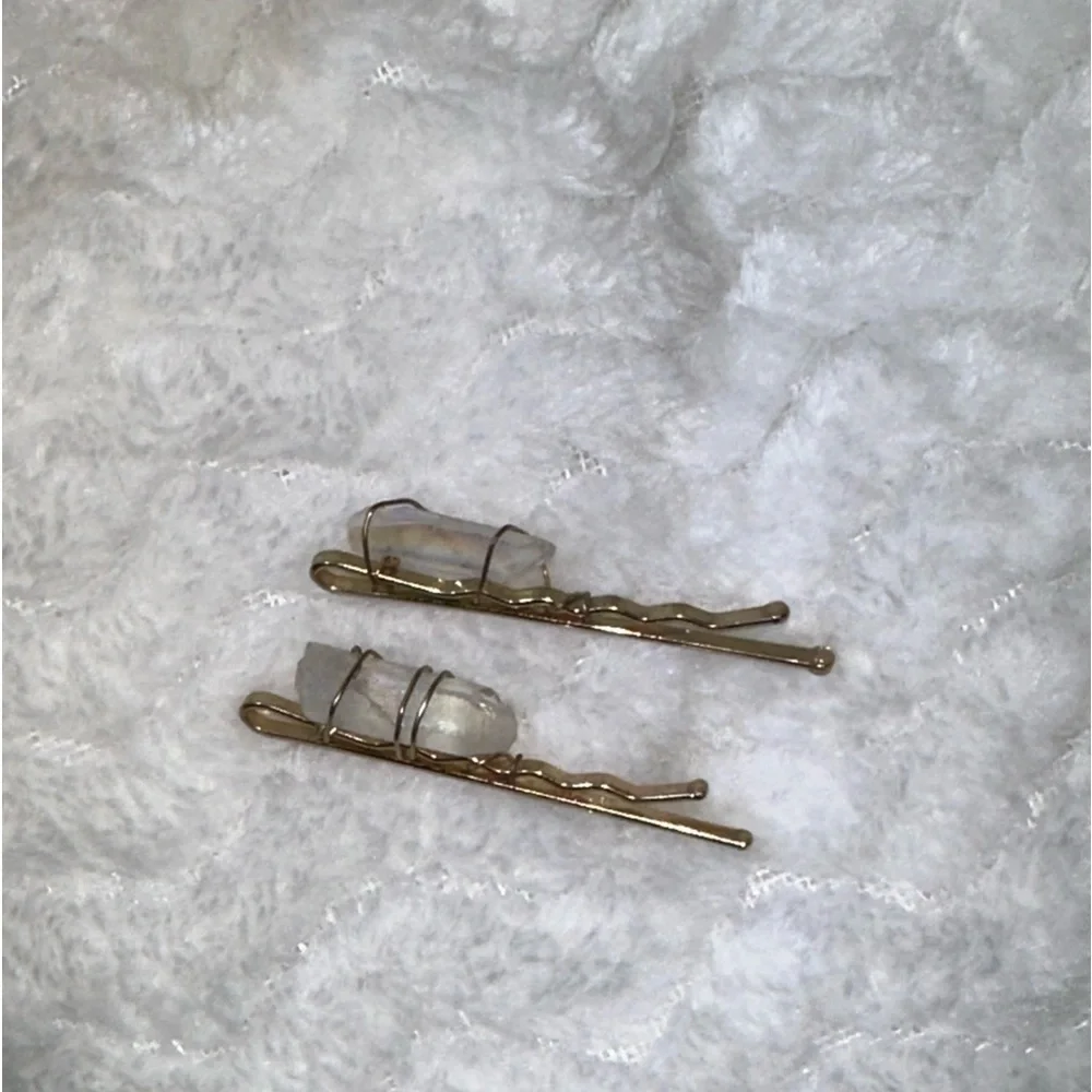 Clear Quartz w/ Rainbow Aura Wire Wrapped Hairpin Set Handmade Craft Bohemian